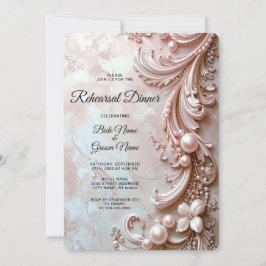 Convite Pink Ornate Pearl and Floral Rehearsal Dinner