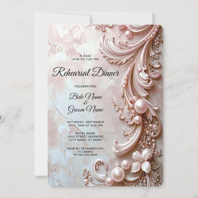 Convite Pink Ornate Pearl and Floral Rehearsal Dinner (Frente)