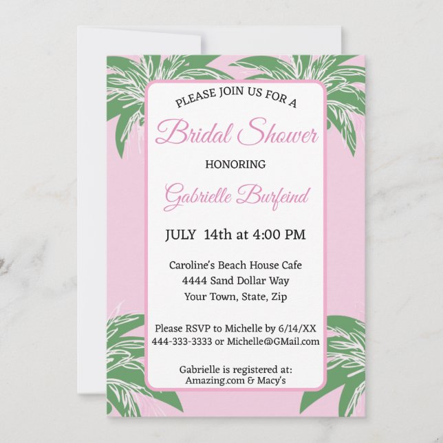 Convite Pink Palm Bridal Shower Invitation | Tropical Palm (Frente)