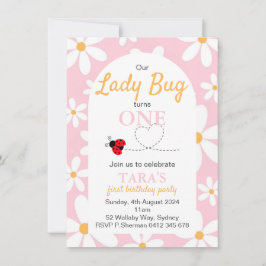 Convite Pink Pastel Daisy Lady Bug Aniversário