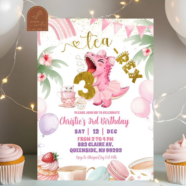 Convite Pink Pastel Dinosaur tea-rex 3rd birthday (Criador carregado)