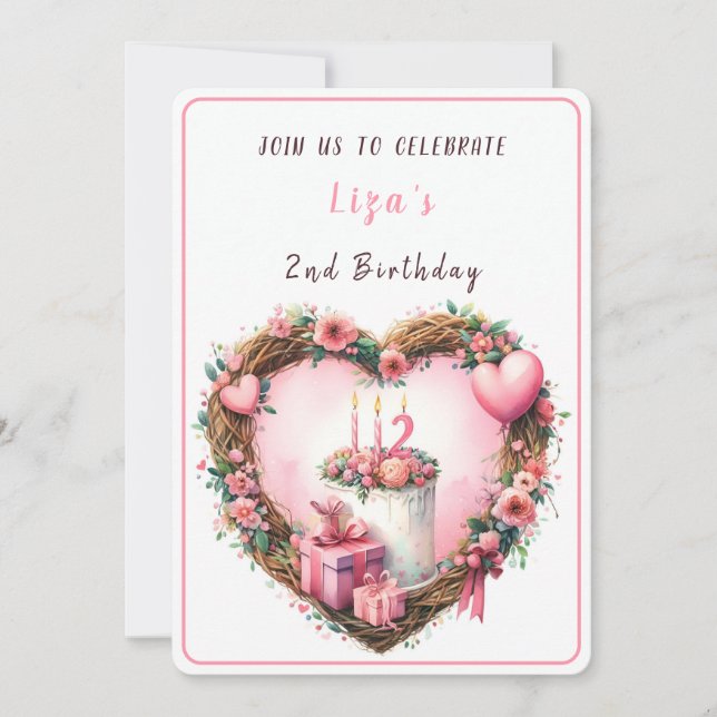 Convite Pink Pastel Floral Wreath Second Birday - (Frente)