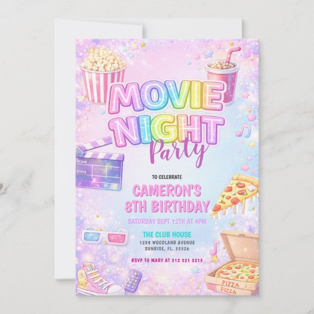 Convite Pink Pastel Movie Night Birthday Party  (Frente)