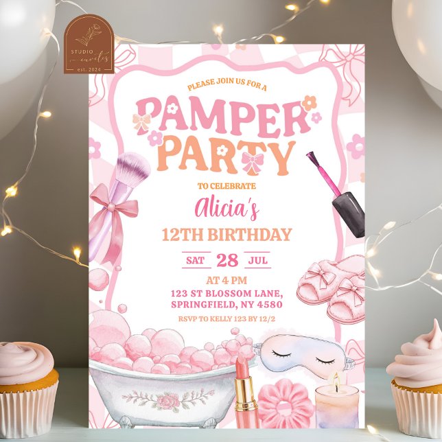 Convite Pink Pastel Retro Spa Pamper Party Birthday (Criador carregado)
