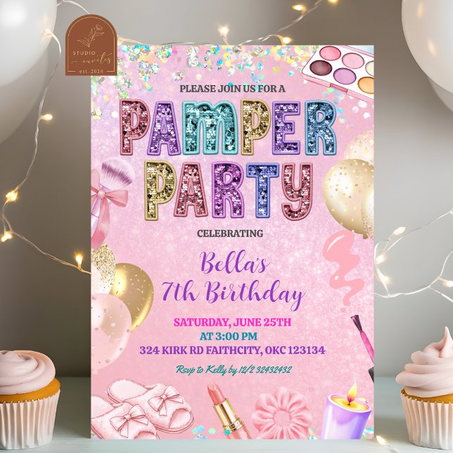 Convite Pink Pastel Sequin Glitter Pamper Party Birthday (Criador carregado)