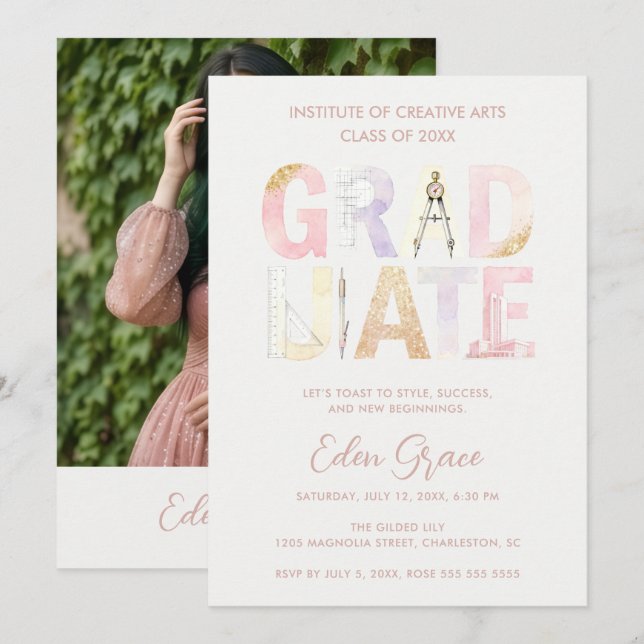 Convite Pink Pastel Soft Dreamy Architect Graduation (Frente/Verso)