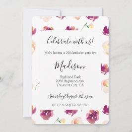 Convite Pink Peach Burgundy Watercolor Flowers