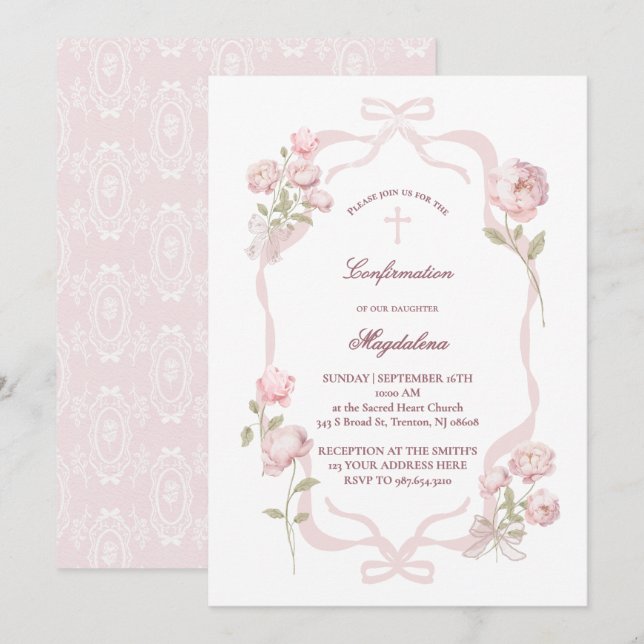 Convite pink peonies Confirmation girl (Frente/Verso)