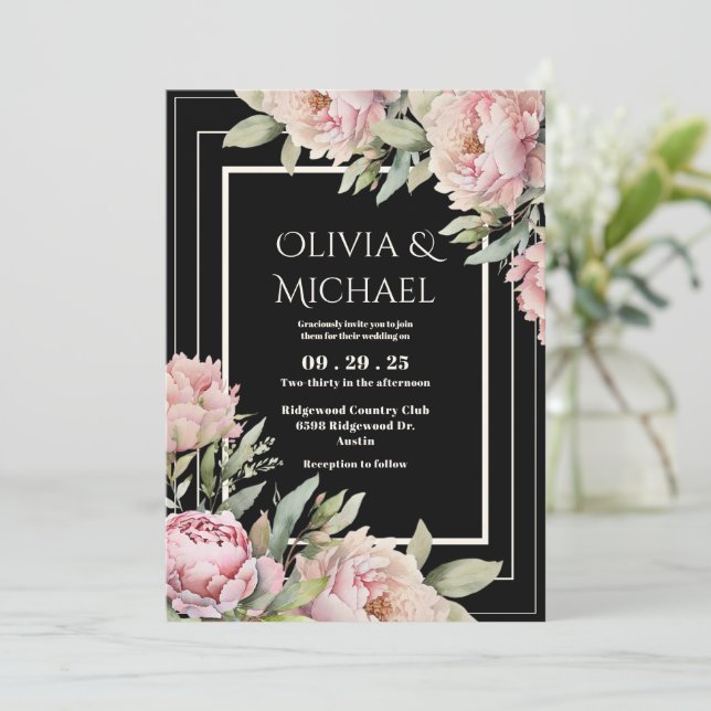 Convite Pink Peonies Floral Black Elegant Wedding (Em pé/Frente)