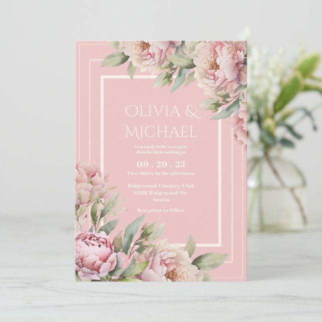 Convite Pink Peonies Floral Elegant Wedding (Em pé/Frente)