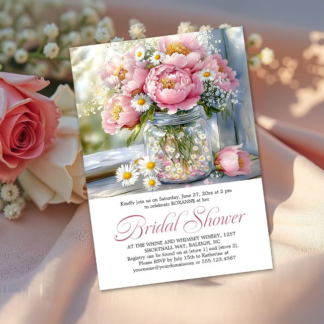 Convite Pink Peonies White Daisies in Mason Jar (Criador carregado)