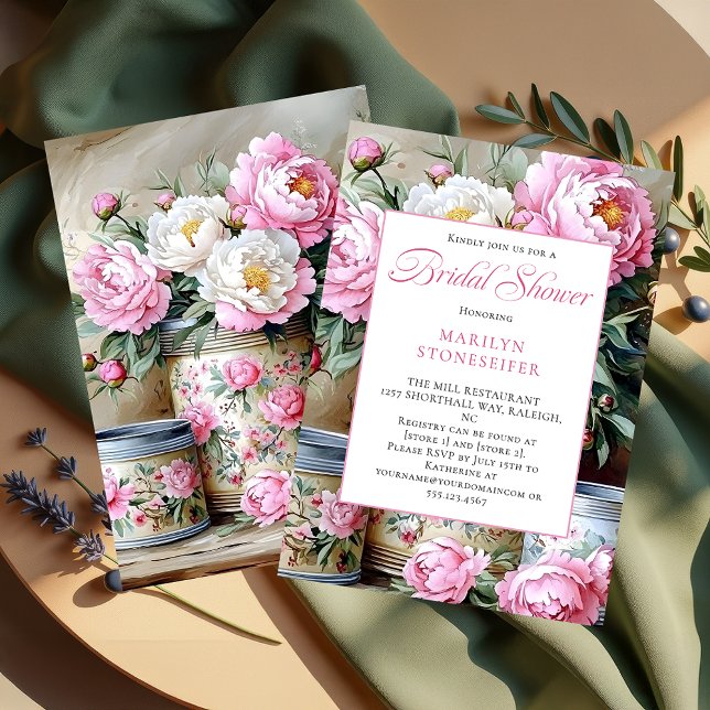 Convite Pink Peonies White Daisies in Mason Jar Invitation (Criador carregado)