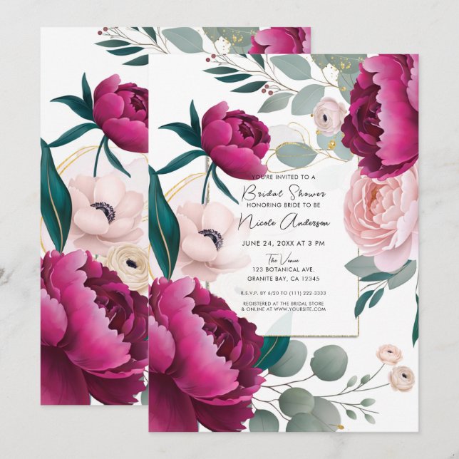 Convite Pink Peony Eucalyptus Garden Floral Bridal Shower (Frente/Verso)