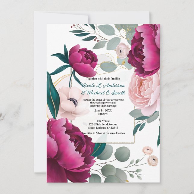 Convite Pink Peony Eucalyptus Garden Floral Glam Wedding  (Frente)