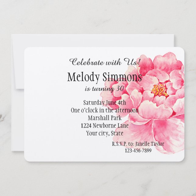 Convite Pink Peony Flower Birday (Verso)