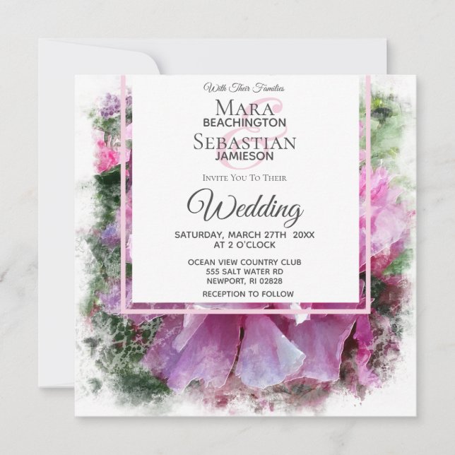 Convite *~* Pink Peony Painting Floral AR1 Casamento (Frente)