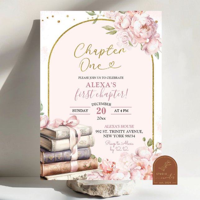 Convite Pink Peony Storey Chapter One primeiro aniversario (Criador carregado)