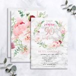 Convite Pink Peony Wreath Rosa Dourada Marble Surprise 90<br><div class="desc">Mãos para baixo meu design favorito de todos os tempos até hoje, este maravilhoso convite de aniversário surpresa apresenta as flores mais bonitas de aquarela que já vi - tão realistas que parecem fotos! Uma coroa de peonias cor-de-rosa e astilbe, dahlias, bolas de allium, ramos de eucalipto e um delicado...</div>