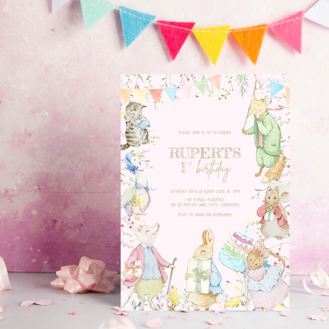 Convite Pink Peter o Rabbit Primeiro Aniversário (Criador carregado)
