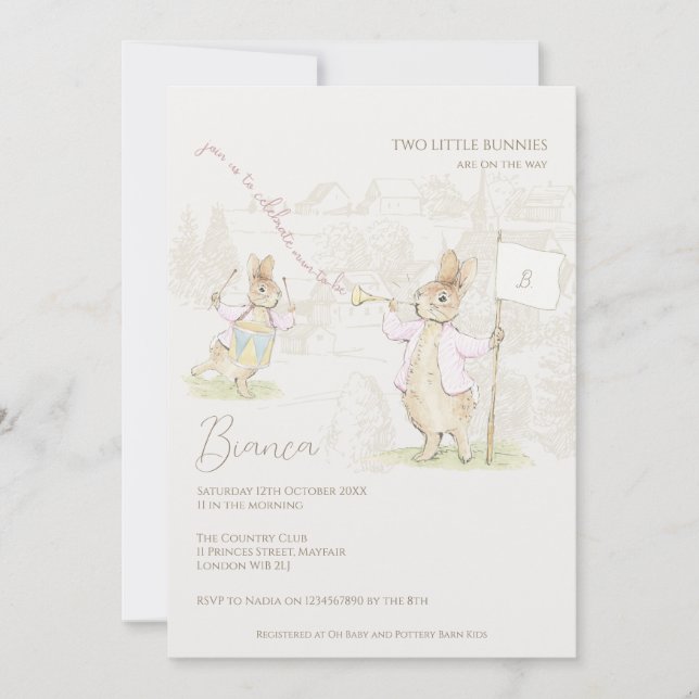 Convite Pink Peter the Rabbit Alguns Chás de fraldas de Gê (Frente)