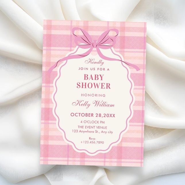 Convite Pink plaid bow baby shower (Criador carregado)