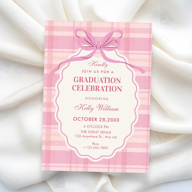 Convite Pink plaid bow graduation (Criador carregado)