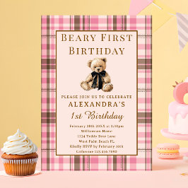 Convite Pink Plaid Vintage Beary First Girl 1st Birthday
