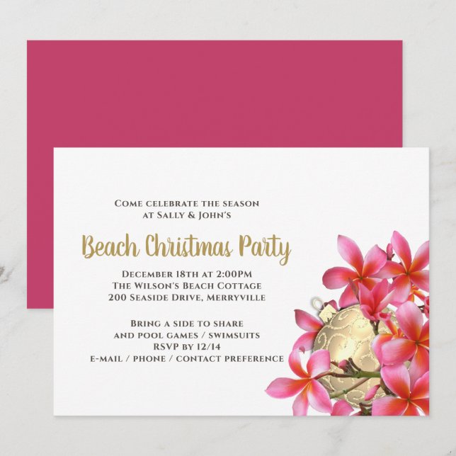 Convite Pink Plumeria Beach Christmas Party (Frente/Verso)