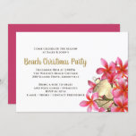 Convite Pink Plumeria Beach Christmas Party<br><div class="desc">Plumeria flores e ornamento dourado convite de festas de Natal com tema tropical. O texto do tipo de parte está em negrito em uma cor dourada para corresponder ao design. Um aglomerado de frangipani cor-de-rosa-escuro, que são flores havaianas, ou encontradas nos trópicos, decora o canto com todas as modelos de...</div>