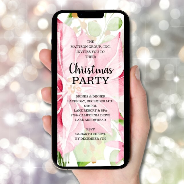 Convite Pink Poinsettia Floral Elegante (INSTANT DOWNLOAD and/or PRINTED elegant pink poinsettia floral Christmas party invitations)