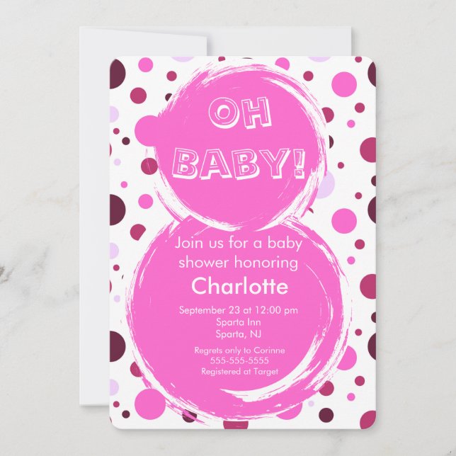 Convite Pink polka dot Baby Shower Invitation (Frente)