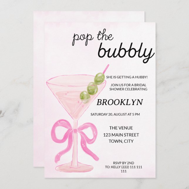 Convite Pink Pop The Bubbly Martini Bridal Shower (Frente/Verso)