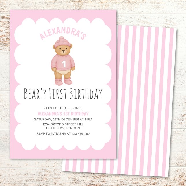Convite Pink Preppy Bear Beary First Birthday Invitation (Criador carregado)