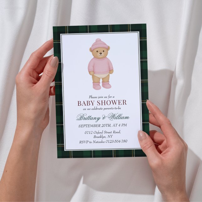 Convite Pink Preppy Bear Designer Plaid Baby Shower (Criador carregado)