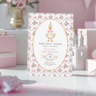 Convite Pink Preppy One Silly Goose Bow 1st Birthday