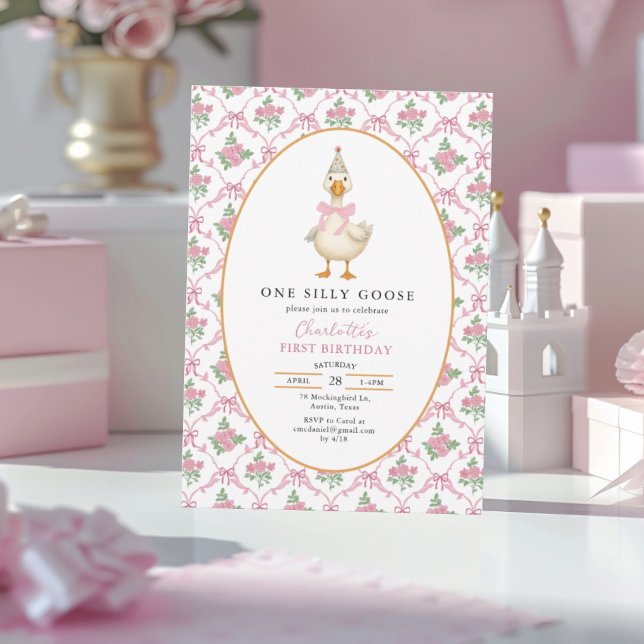 Convite Pink Preppy One Silly Goose Bow 1st Birthday (Criador carregado)
