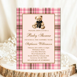 Convite Pink Preppy Plaid Vintage Teddy Bear Baby Shower