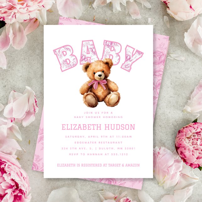 Convite Pink Preppy Varsity Teddy Bear Baby Shower (Pink Preppy Varsity Teddy Bear Baby Shower Invitation)