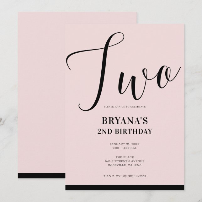 Convite Pink Preto Moderno Minimal Script DOIS Aniversário (Frente/Verso)