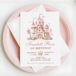 Convite Pink Princess Castle Floral 1st Birthday Party
