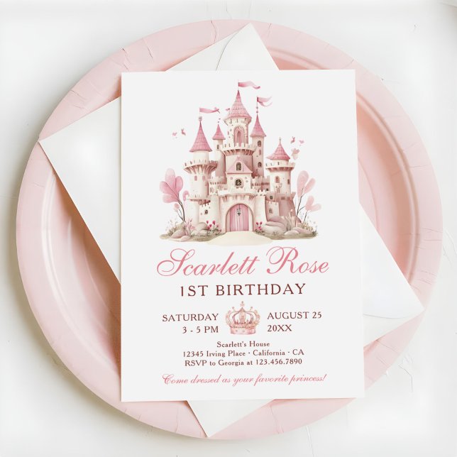 Convite Pink Princess Castle Floral 1st Birthday Party (Criador carregado)