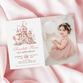 Convite Pink Princess Castle Floral 1st Birthday Photo