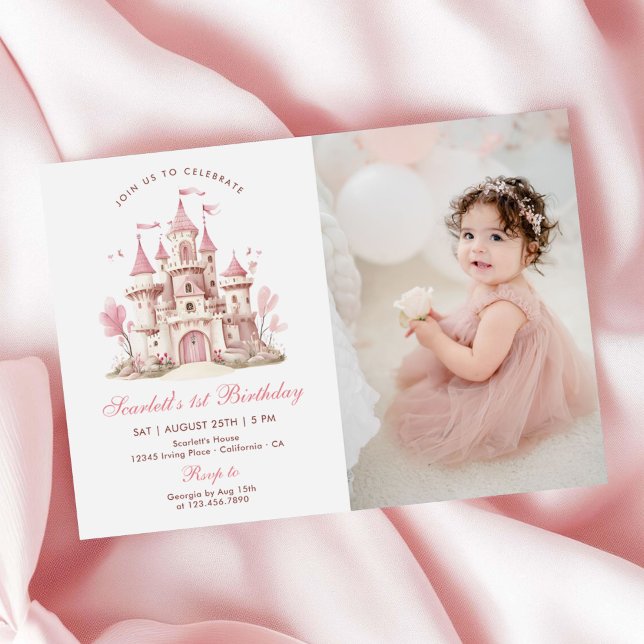 Convite Pink Princess Castle Floral Girl's Birthday Photo (Criador carregado)
