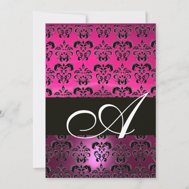 Convite PINK PURPER BLACK DAMASK MONOGRAM, fuchsia branco (Frente)