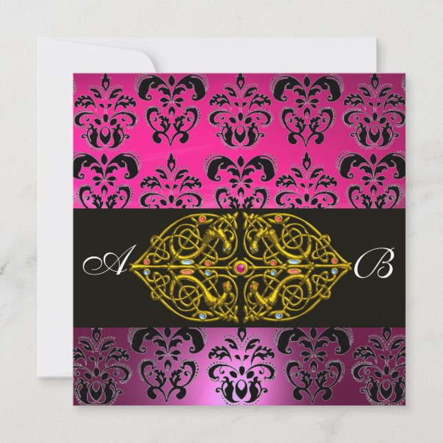 Convite PINK PURPER BLACK DAMASK MONOGRAM, fuchsia, ouro (Frente)