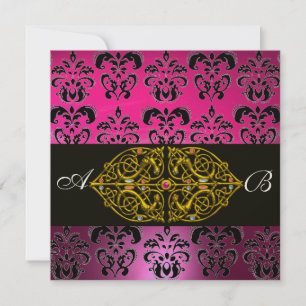 Convite PINK PURPER BLACK DAMASK MONOGRAM, fuchsia, ouro