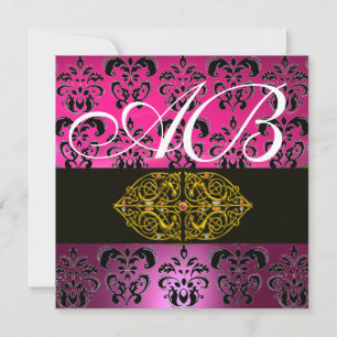 Convite PINK PURPLE BLACK DAMASK MONOGRAM, branco