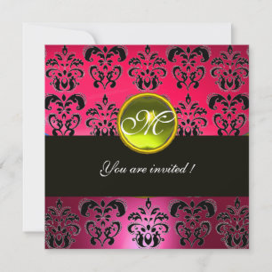 Convite PINK PURPLE BLACK DAMASK MONOGRAM, topaz amarela