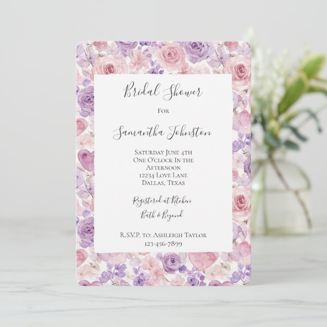 Convite Pink Purple Blush Flowers Hearts Bridal Shower (Em pé/Frente)