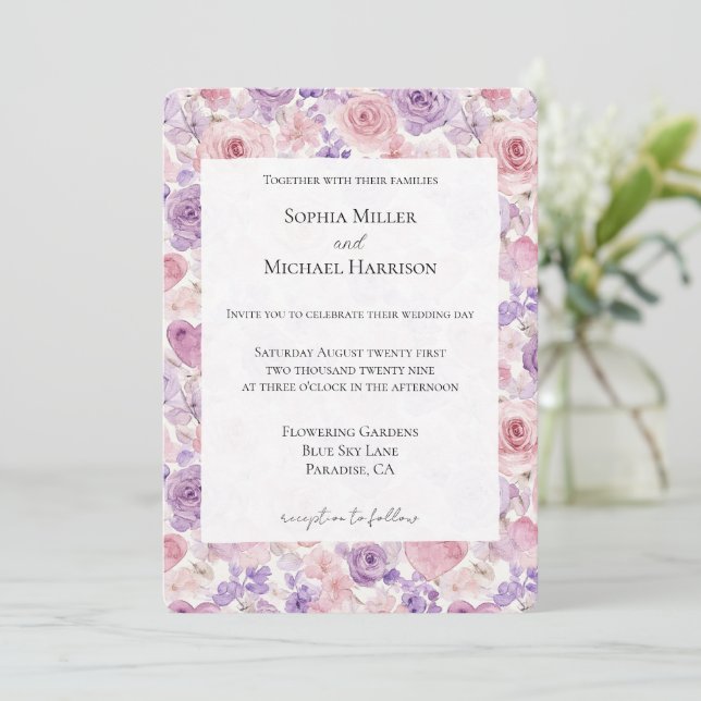 Convite Pink Purple Blush Flowers Hearts Wedding (Em pé/Frente)